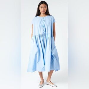 A Punto B P1834 Midi Crinkled Cotton Dress w/ Center Ruffle Detail Cream Beige